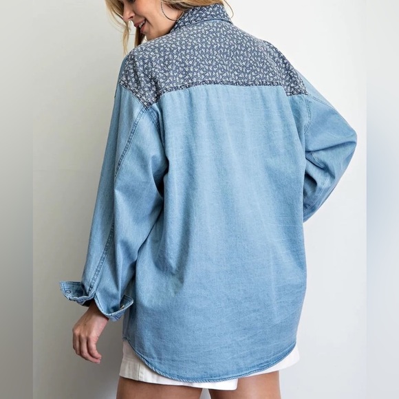 Easel Floral Printed Washed Denim Chambray Patched Loose Fit Size Large - Picture 3 of 8